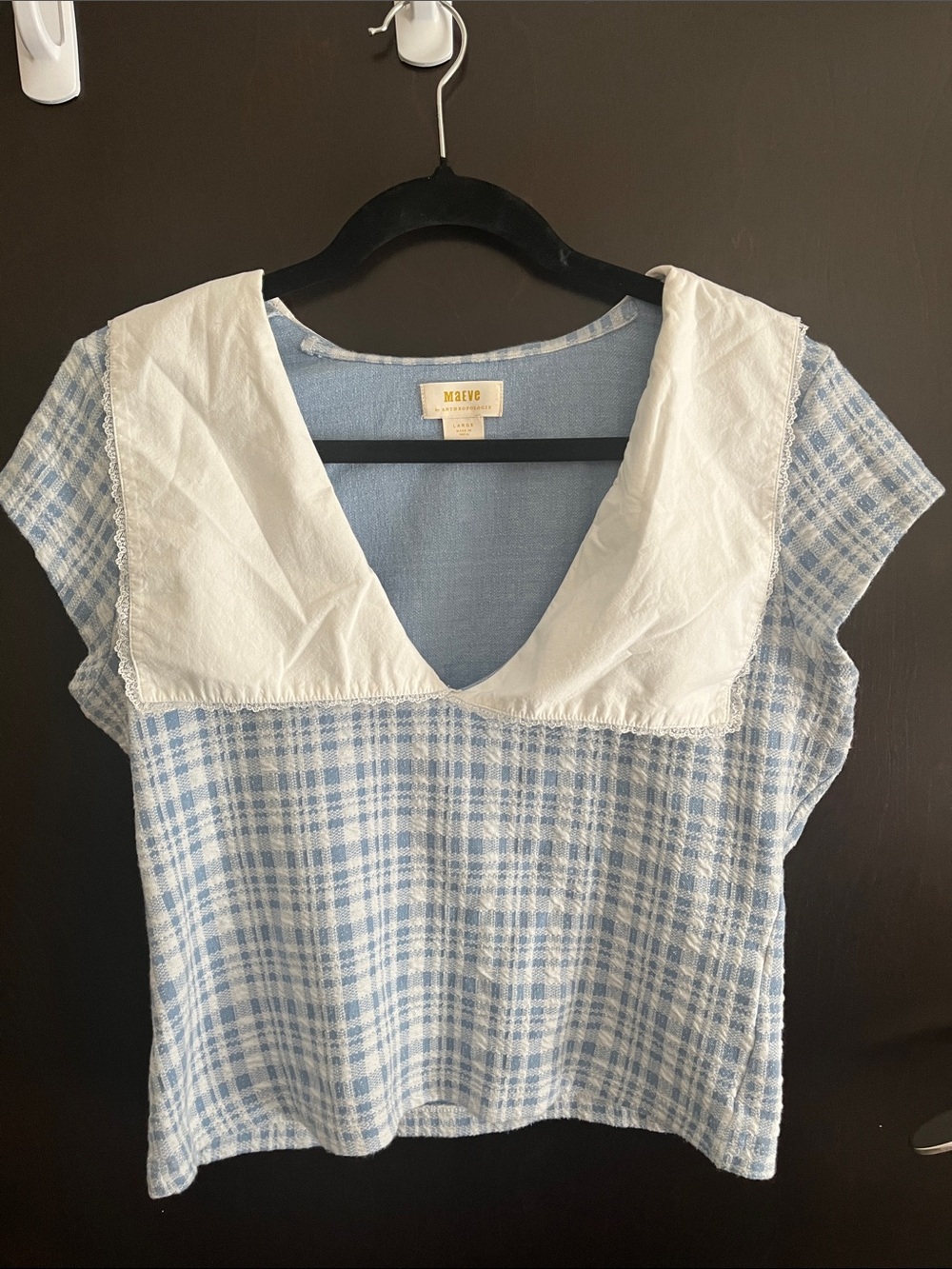 Anthropologie Maeve Blue Plaid Short-Sleeve Top with White V-Collar